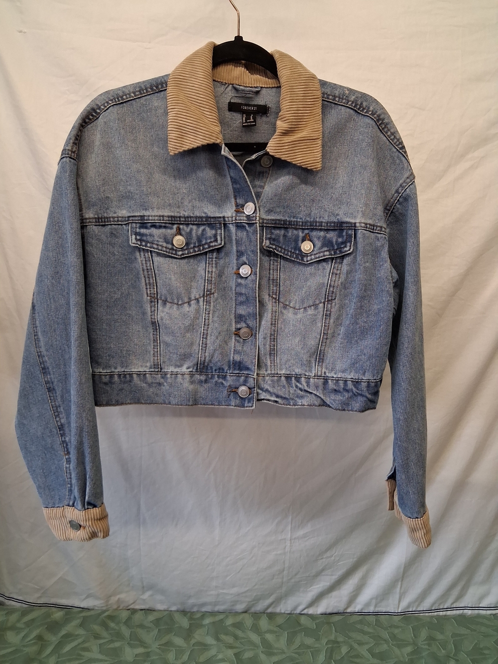 Forever 21 Light Blue Denim Jacket with Tan Corduroy Collar